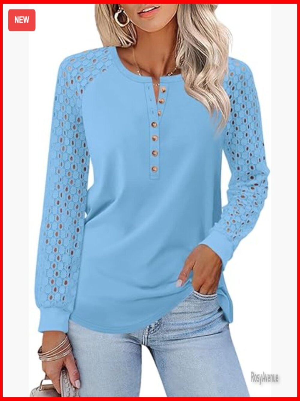 Women's Lace Long Sleeve Henley T-Shirt Casual Blouse